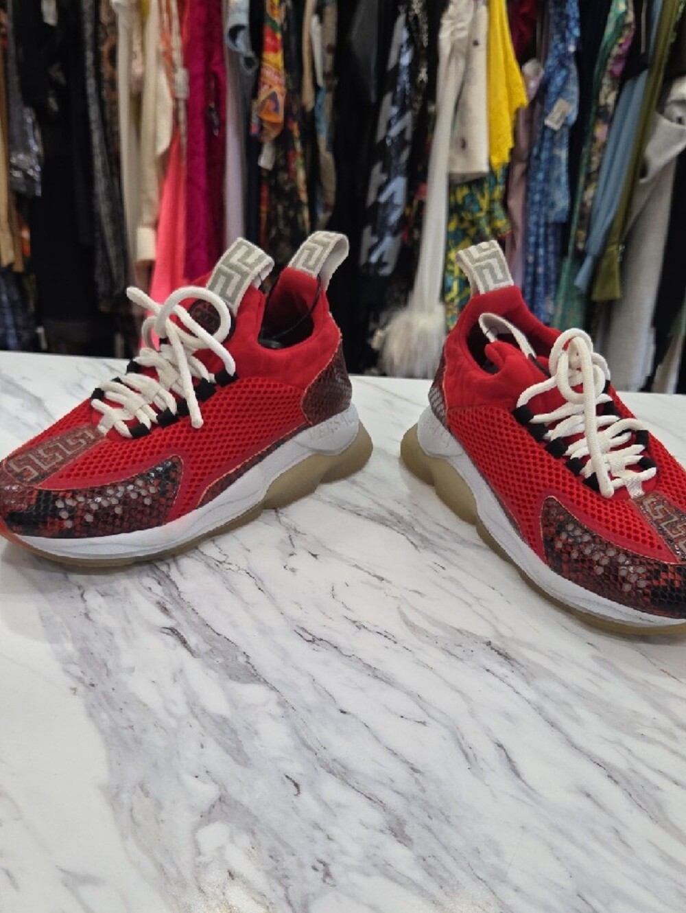 Versace Red Mesh & Snake-Print Women's Sneakers - Picture 4 of 13